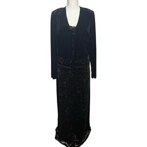 Vintage 90s Rabbit Designs Sz 12 Black Floral Velvet Dress Suit Jacket Maxi Set